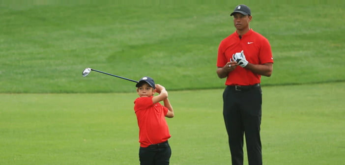 Tiger Woods and Charlie Woods in Sunday red at the PNC Championship