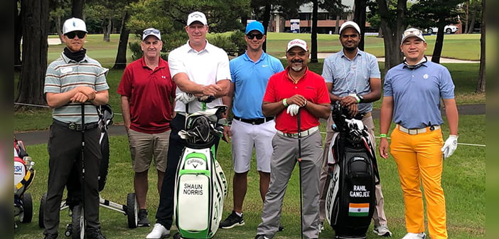 L to R - Scott Vincent, Shaun Norris (with bag), Rahil and Angelo Que (1st from R) . Caddies are in shorts