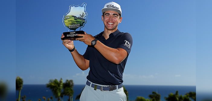 Garrick Higgo with Lopesan Open Trophy | Photo: Golf Channel