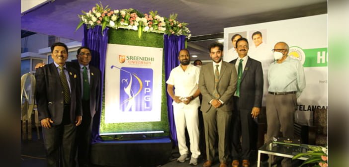 State Sports Minister Srinivas Goud at the launch of the logo for the Telangana Premier Golf League