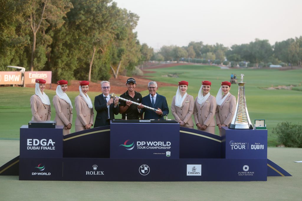 Collin Morikawa - Winner DP World Championship with Keith Pelly (CEO, European Tour on his left)
